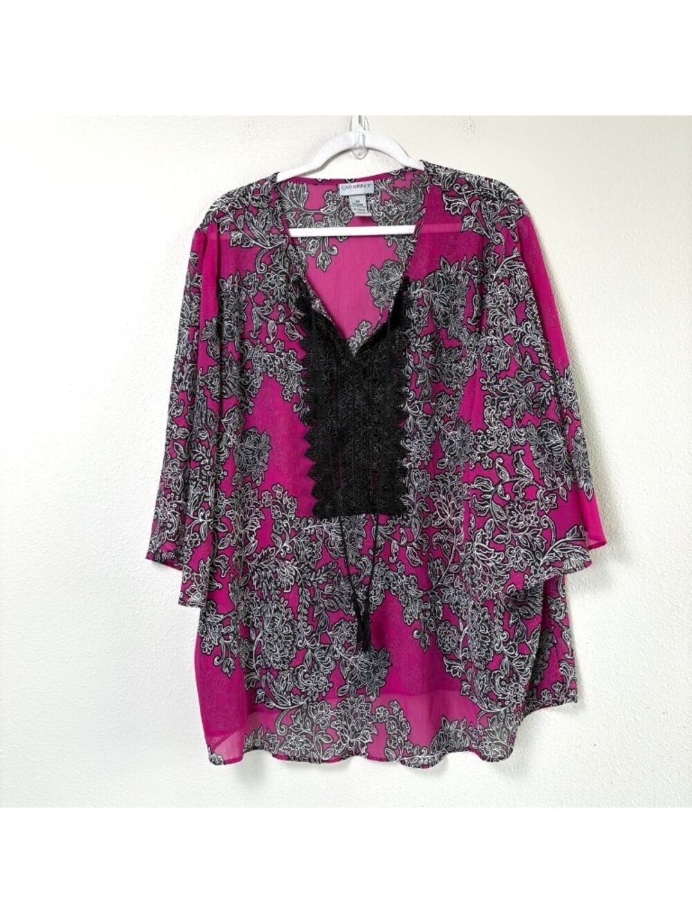Catherines Top Size 2X Purple Black Floral Lace Detail Sheer Tassels 3/4 Sleeve